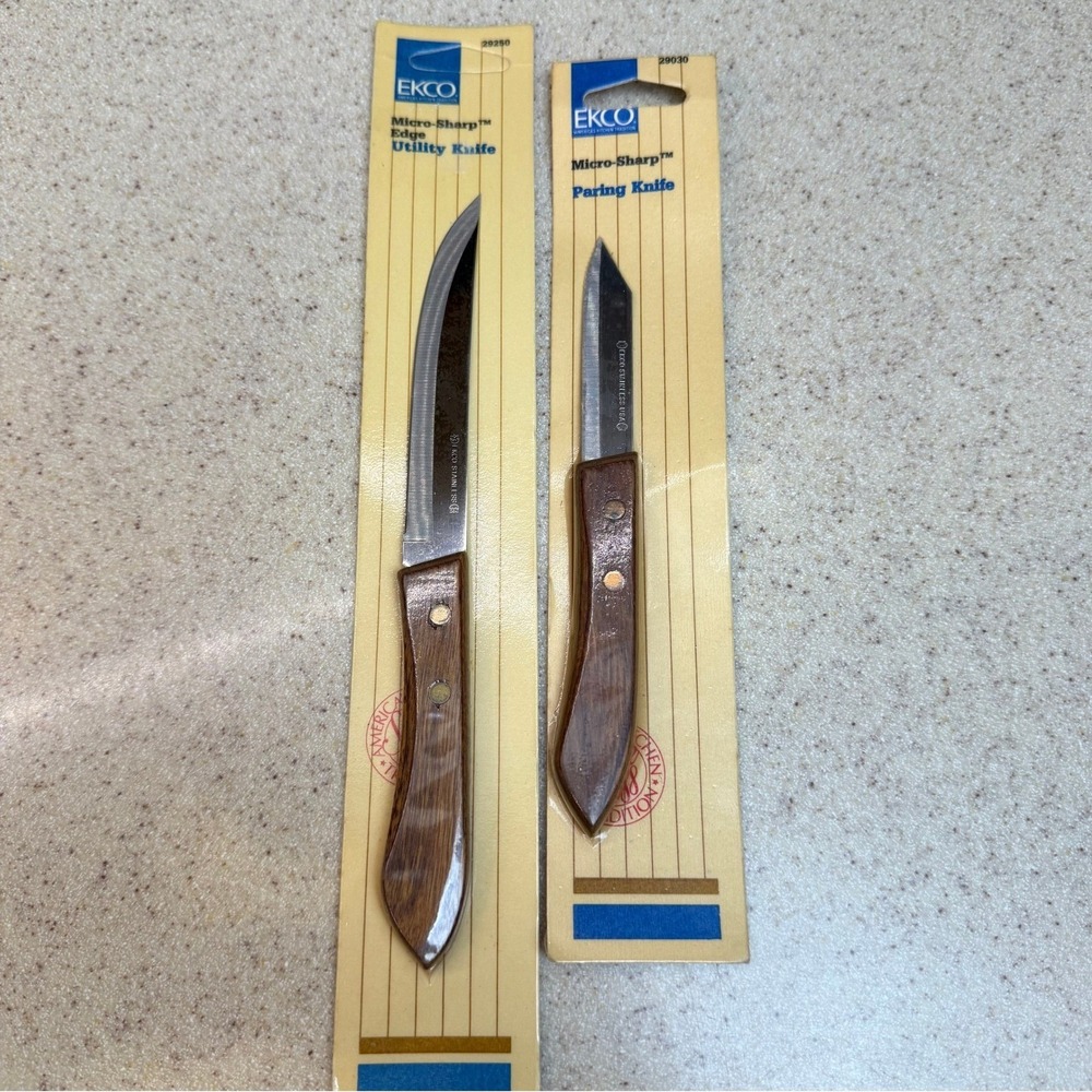 New Sealed Vintage EKCO Micro-Sharp Utility & Paring Knife Set Wood Handle USA